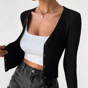 Black Casual Women's Ribbed Knit Button Front Cardigan